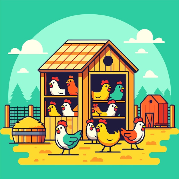 Vector farm animal illustration of a chicken in a coop