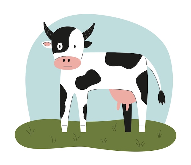 Farm animal livestock Cute cow with black spots standing on a field Milk and beef