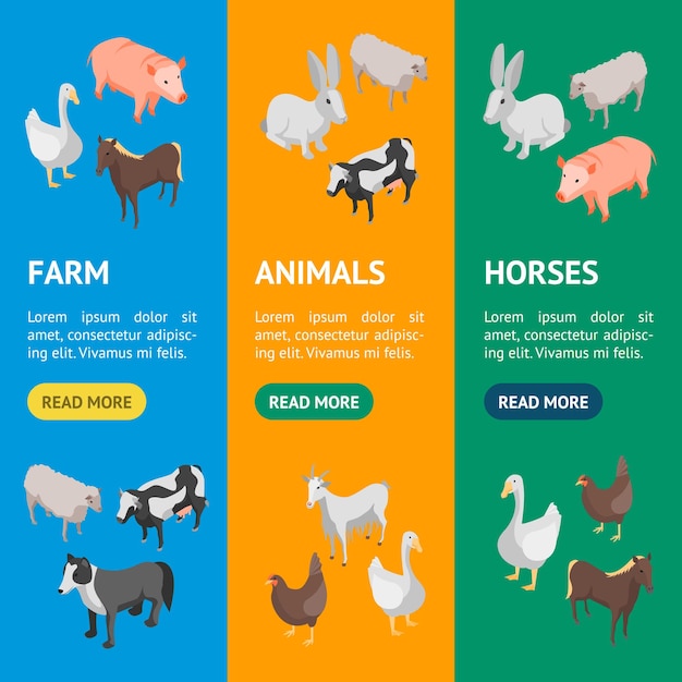 Farm animals 3d banner vecrtical set isometric view include of cow pig sheep horse hen and goat vector illustration