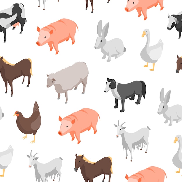 Farm Animals 3d Seamless Pattern Background Isometric View Include of Cow Pig Sheep Horse Hen and Goat Vector illustration