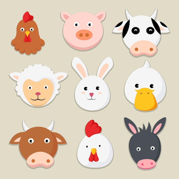 Farm animals cartoon icons set of chicken pig cow sheep rabbit duck chick donkey vector illustration