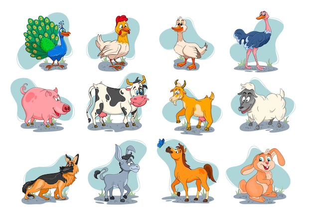 농장 동물 캐릭터는 만화 시골 동물의 큰 집합입니다. 말, 돼지, 오리, 닭, 토끼, 타조, 소, 염소, 공작, 당나귀, 양, 개. 어린이 그림. 장식 및 디자인용.