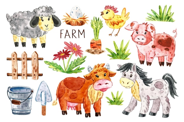 Clipart di animali da fattoria, insieme di elementi. mucca, cavallo, maiale, pecora, pollo, nido, uovo, staccionata in legno per bovini, carota, erba, fiori, secchio, pala.