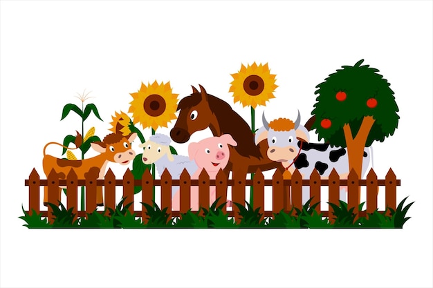 Farm animals cow and calf pig sheep horse are standing at the fence sunflowers corn apple