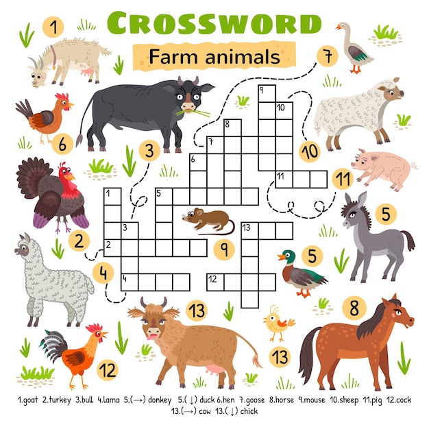 농장 동물 낱말. 미취학 아동 활동 워크시트용. 단어 찾기 퍼즐 게임을 건너는 어린이
