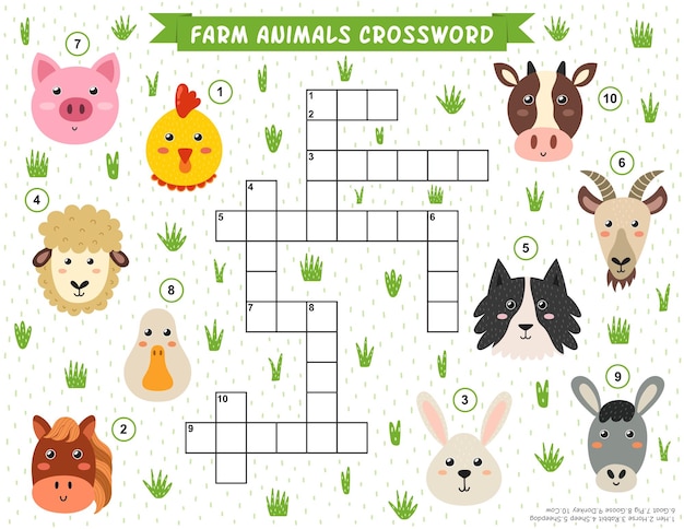 Farm animals crossword puzzle for kids. Educational game with cute farm characters. Learning english