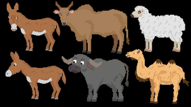 Vector farm animals designed based on 8 bit size donkey sheep cow camel and water buffalo