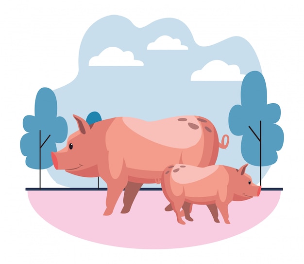 Vector farm, animals and farmer cartoon