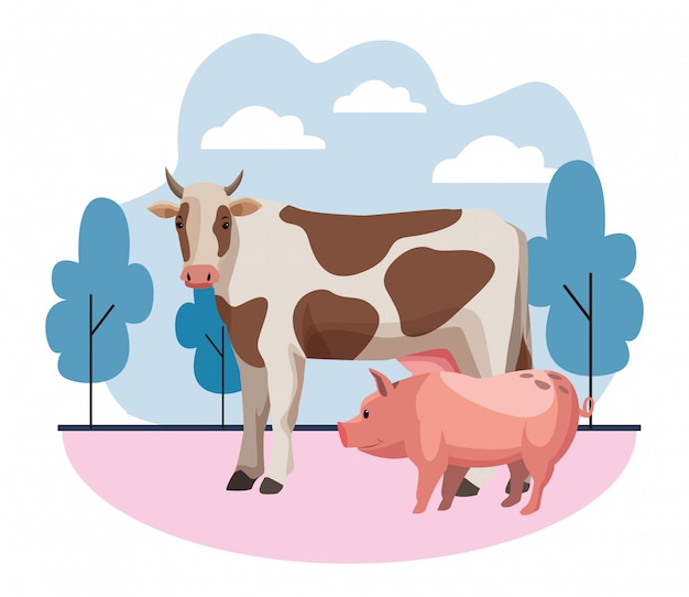 Vector farm, animals and farmer cartoon