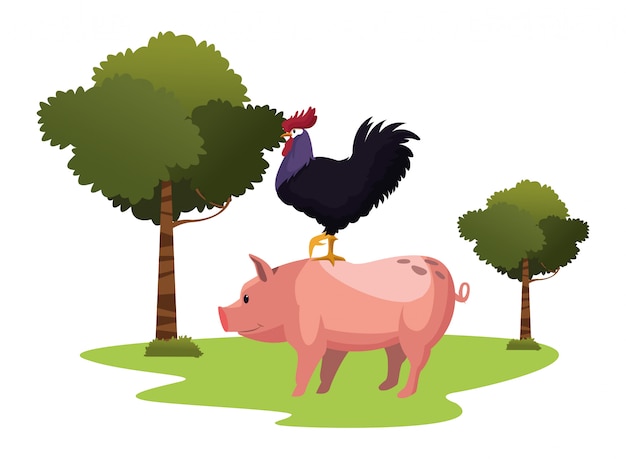 Vector farm, animals and farmer cartoon