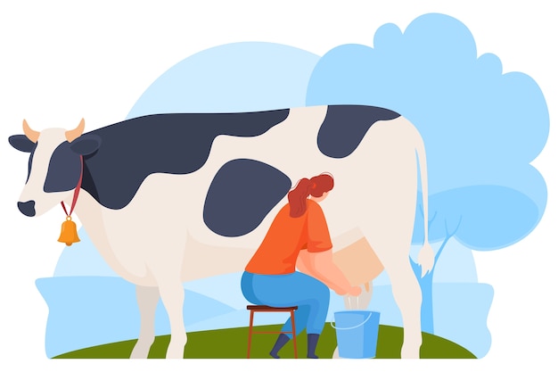 Vector farm animals, farmer. milk cow.  illustration