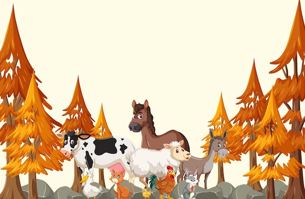 Vector farm animals group in autumn forest scene