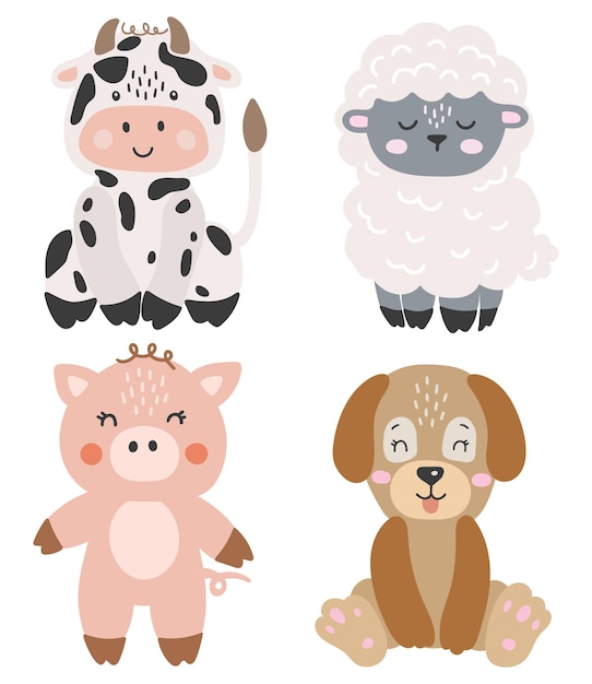 Farm animals isolated vector, Cute Animals collection, Farm Clipart, Portrait animal vector