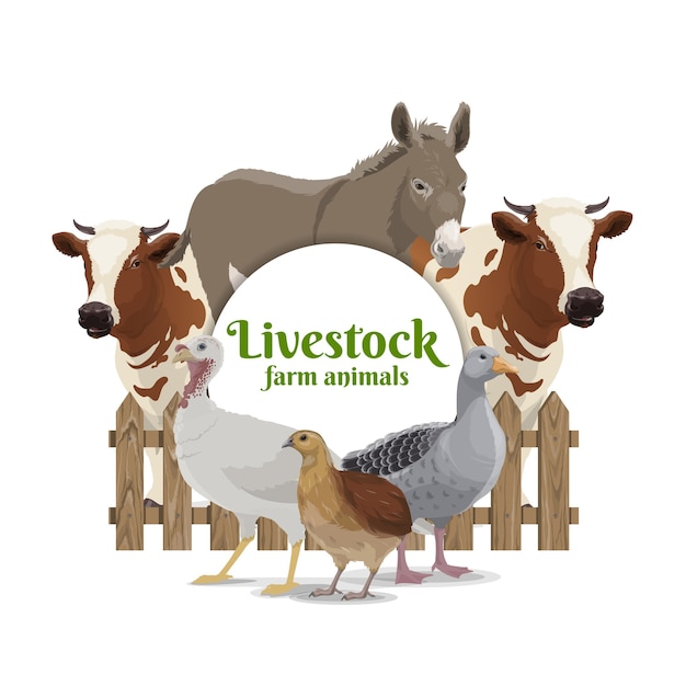 Vector farm animals, livestock and poultry banner.