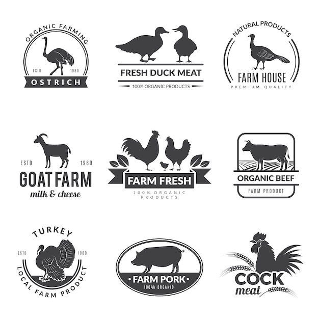 Vector farm animals logo. cow sheep goat symbols for fresh healthy food of farmers collection