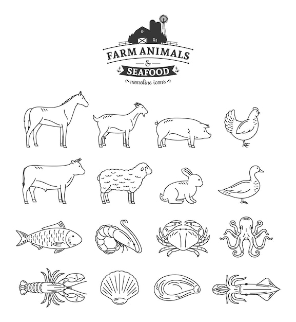 Vector farm animals and seafood thin line icons isolated on white