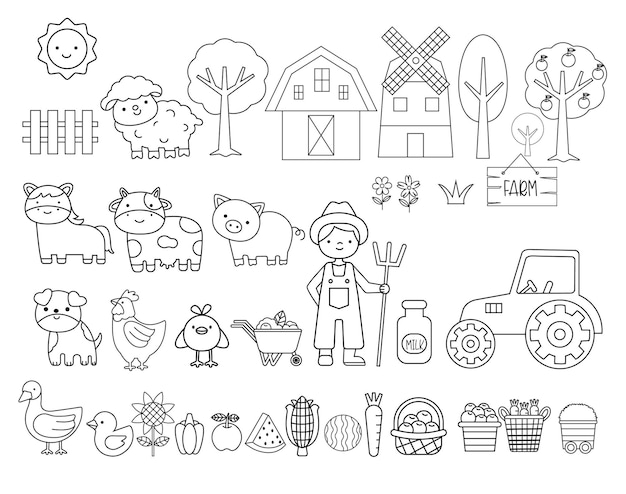 Vector farm animals set cartoon hand drawn style