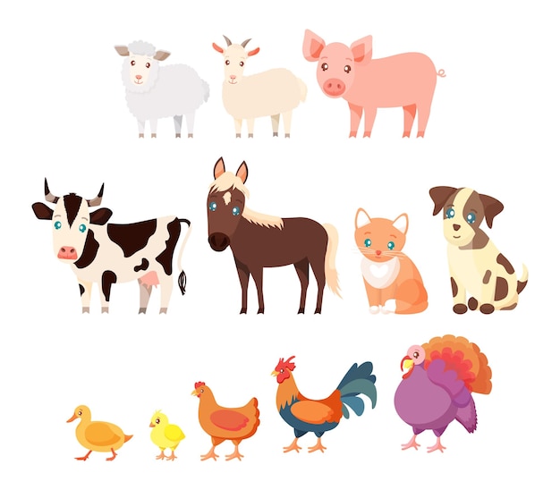 Vector farm animals set in cartoon style isolated on white backgroundvector illustrationcute animals