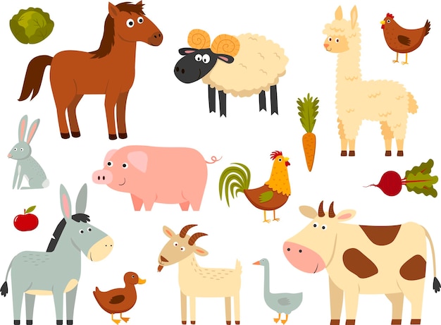 白い背景で隔離のフラットスタイルで設定された家畜。ベクトルイラスト。かわいい漫画の動物コレクション：羊、山羊、牛、ロバ、馬、豚、アヒル、ガチョウ、鶏、鶏、オンドリ、ウサギ
