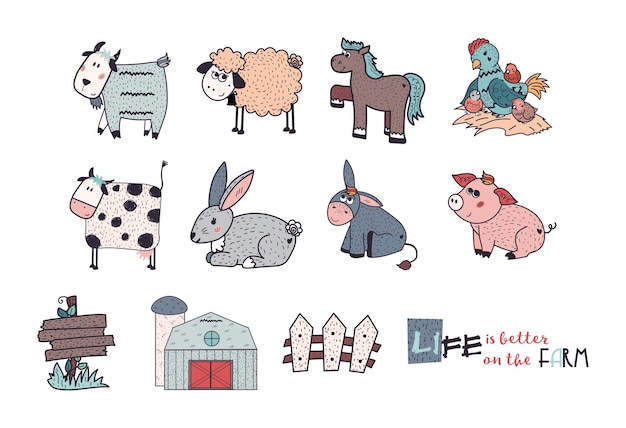 Vector farm animals set sheep goat cow donkey horse pig chicken hen rooster rabbit fence flat illustration