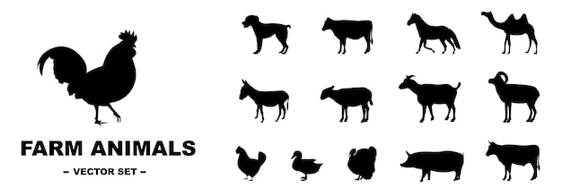 Farm animals Set of silhouettes Chicken pig sheep etc Vector