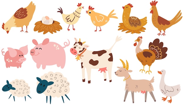 Vector farm animals set variety of funny farm animals in a cartoon flat style hand drawn vector