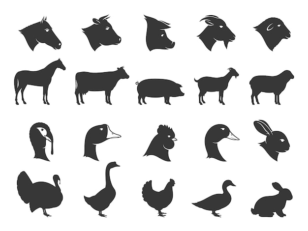 Sagome di animali da fattoria isolate su bianco icone di bestiame e pollame