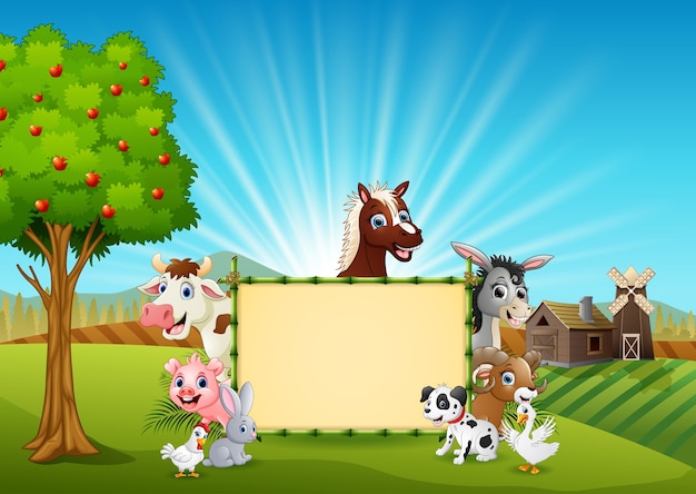 Farm animals with a blank sign bamboo