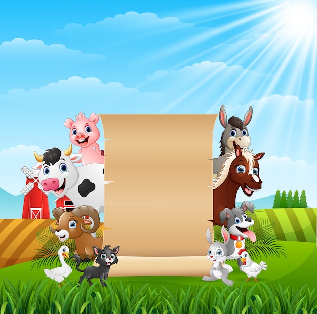 Farm animals with a blank sign paper