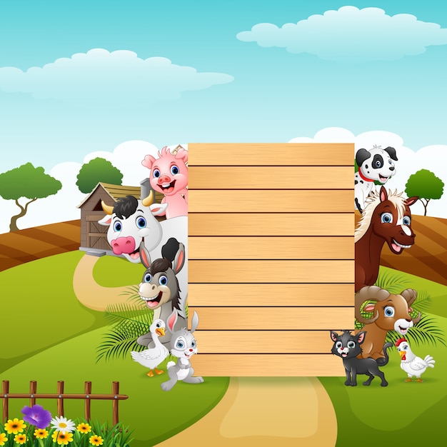 Farm animals with a blank sign wood