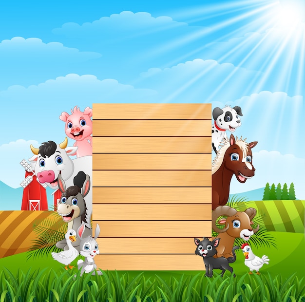 Farm animals with a blank sign wood