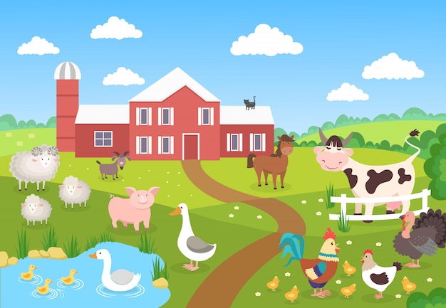 Farm animals with landscape. Horse pig duck chickens sheep. Cartoon village for children book. Farm background scene