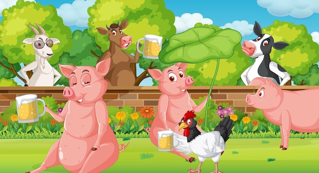 Vector farm background with happy animals