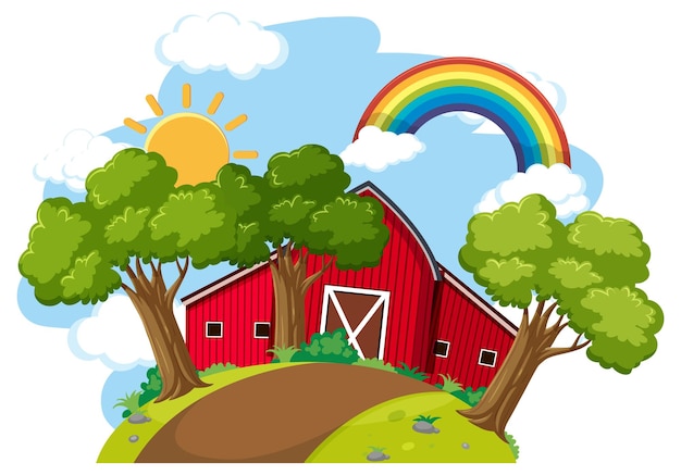 Farm barn with tree and rainbow