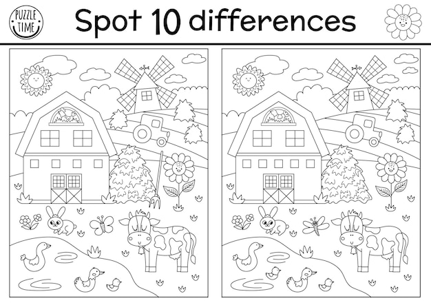 On the farm black and white find differences game for kids Educational line activity