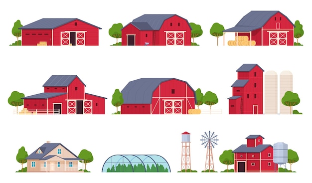 Vector farm buildings a farmer dwelling a barn for animals a hangar for storing crops vector illustration