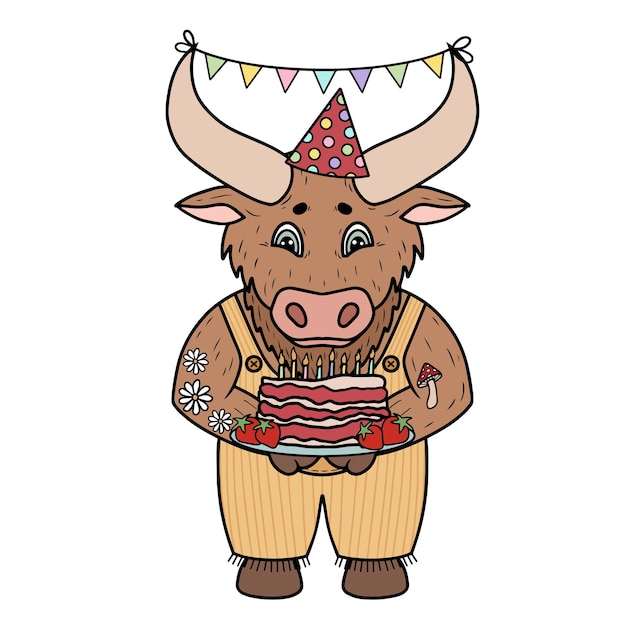 Farm bull with birthday cake party hat and birthday decorations vector art