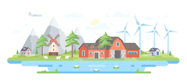 Farm by the mountains - modern flat design style vector illustration on white background. A composition with peaceful eco-friendly village with small buildings, trees, windmills, pond, sheep, a plane