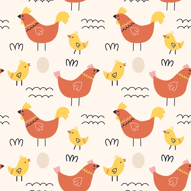 Vector farm chickens roosters chickens eggs pattern