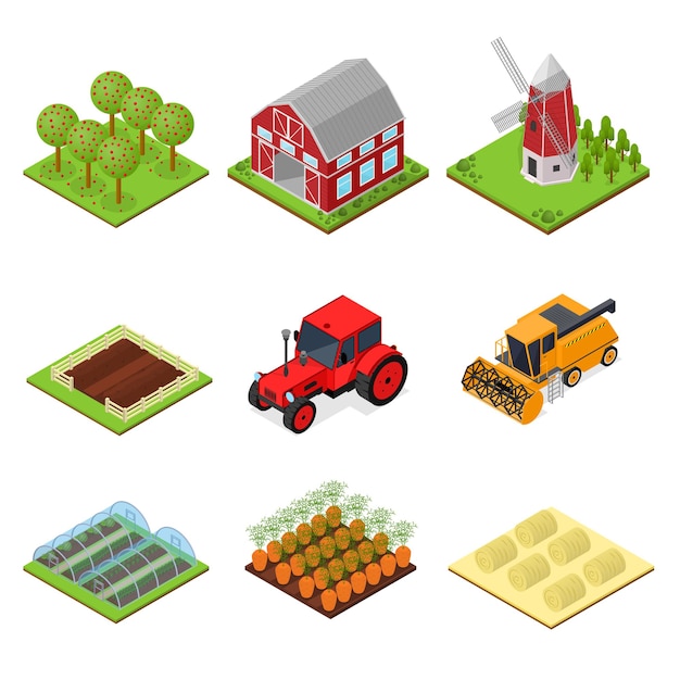 Vector farm color icons set isometric view rural landscape for game or app