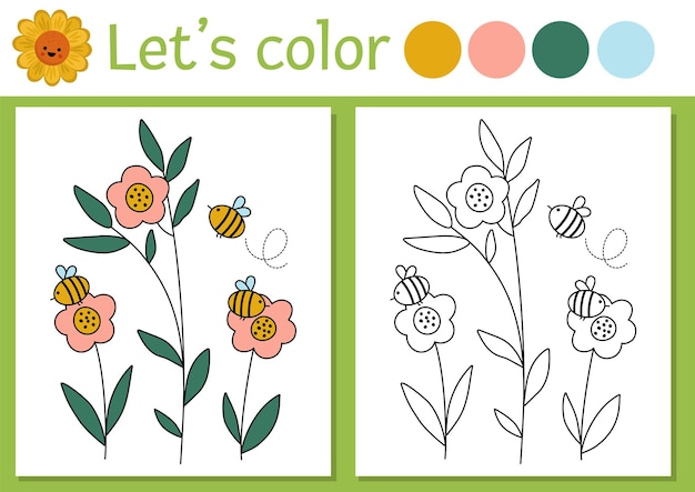 On the farm coloring page for children with bees and flowers vector rural country outline illustration with cute honey insects color book for kids with colored example drawing skills printablexa