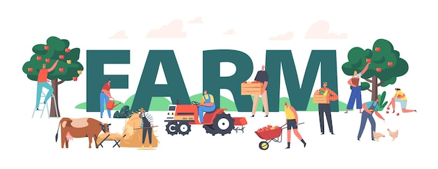 Farm Concept. Farmers Doing Farming Job Feed Cow and Fowl, Care of Domestic Animals at Livestock. Characters Working with Cattle, Harvesting Poster, Banner or Flyer. Cartoon People Vector Illustration