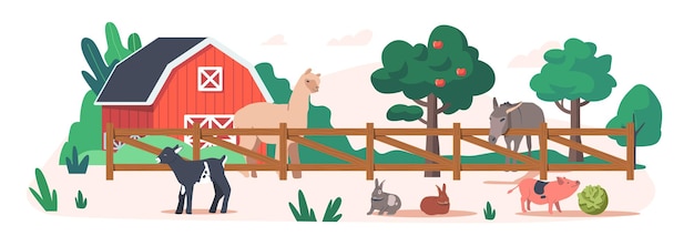 Farm or contact zoo with animals, llama, goatling, piglet and rabbits with donkey. farmhouse with barn, trees and fence summertime landscape, outdoor countryside ranch. cartoon vector illustration