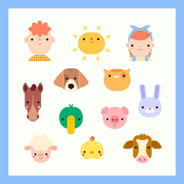 Vector farm cute animals set