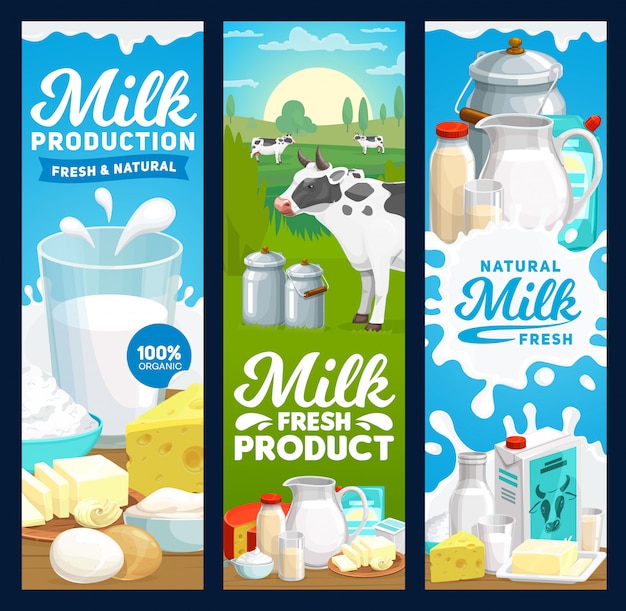 Farm dairy and milk products banners, farm food