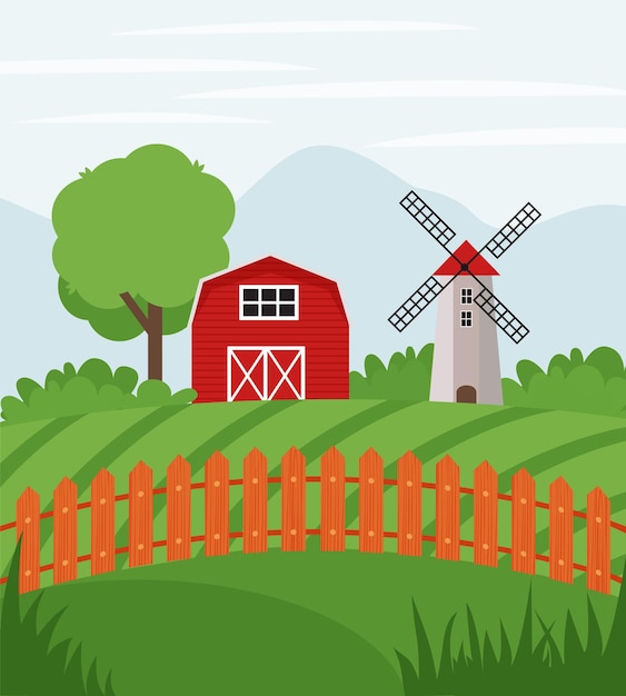 Фермерский осел на сельхозугодьях сельский пейзаж плоская векторная иллюстрация загородного ранчо