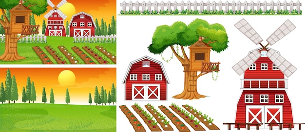 Farm element set isolated with farm scence