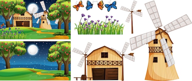 Vector farm element set isolated with farm scence