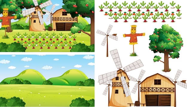 Farm element set isolated with farm scence