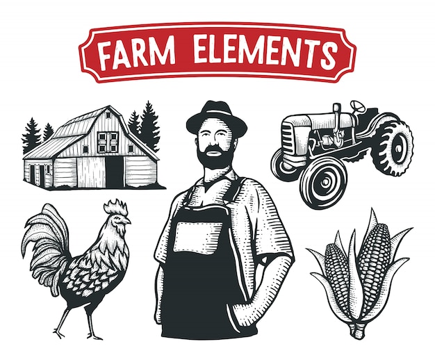 Farm elements hand drawn